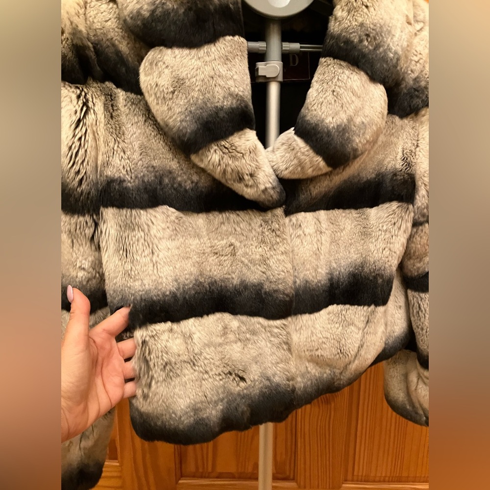 Italian Chinchilla Genuine Rex Rabbit Fur Coat With Turn-down Collar Coat Jacket - Picture 4 of 7